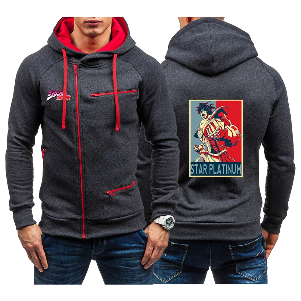 

2025 Spring Autumn Men's Anime Jojo Bizarre Adventure Logo Print Drawstring Hooded Hoodies Military Affairs Jacket Slim Coat