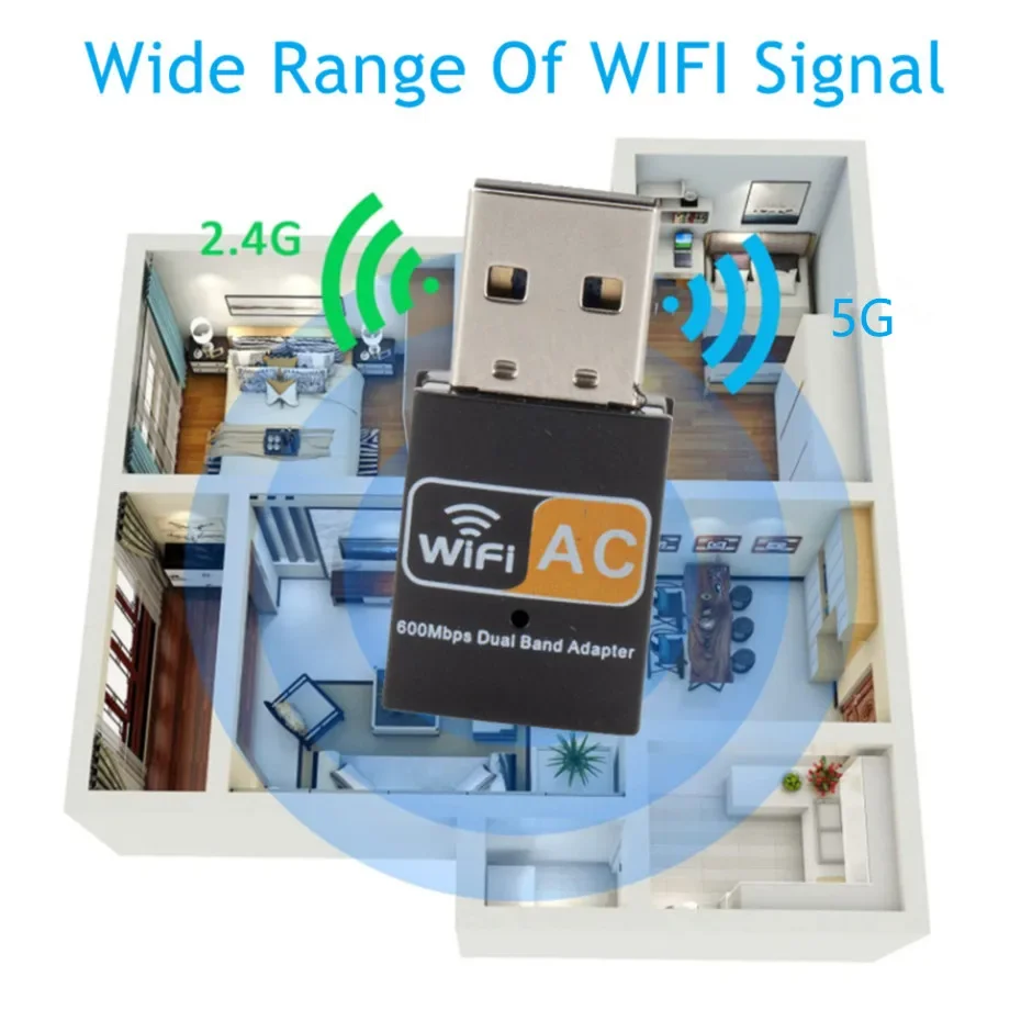 Adaptador wi-fi usb de banda dupla, 600mbps, 2.4ghz + 5ghz, placa de rede sem fio, usb, wi-fi, dongle, pc, placa de rede