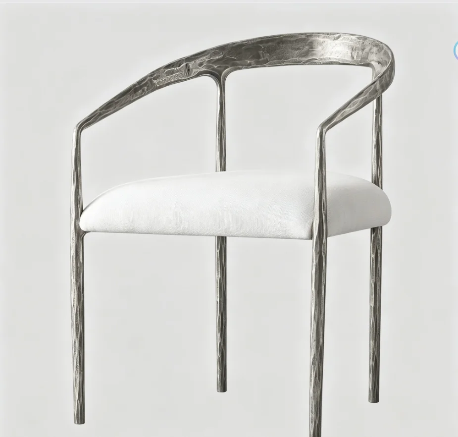 *Hammered Textured Curved C Shape Arm Silver Metal Frame White Linen Cushion Sculptural Modern Dining Armchair
