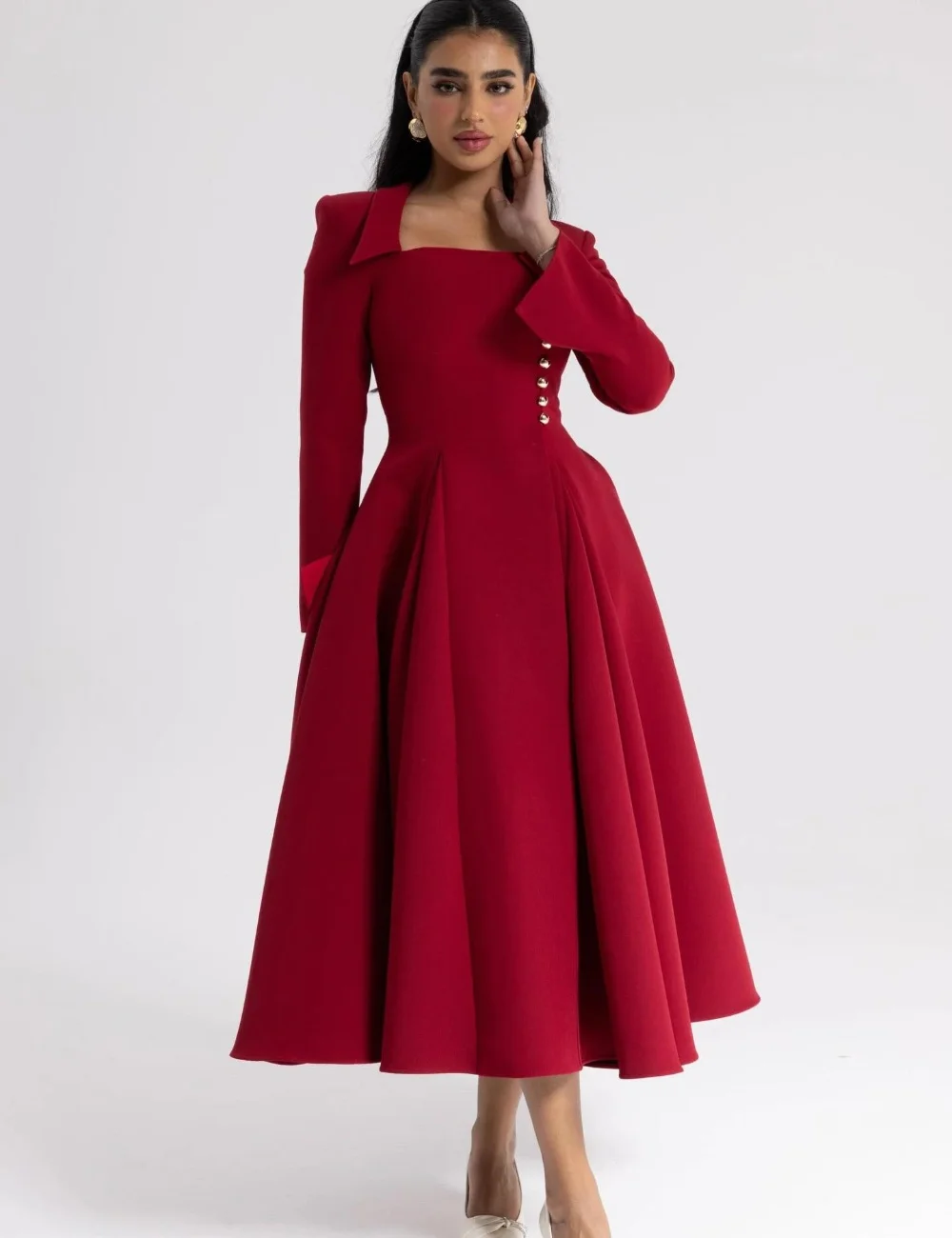 Customized Fashion Sizes Available Jersey Pleat Draped Button A-line Square Neck  Ankle Length Evening Dresses for Woman Pastrol
