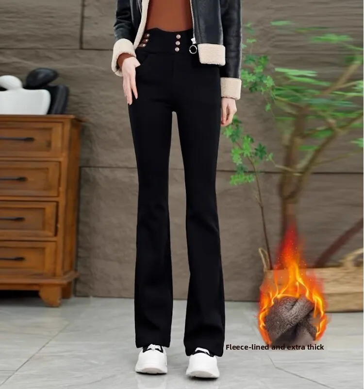 

High Waist Fce Lined Thiened Bell Bot Jeans Women's Autumn Winter 2023 New Sle Elastic Slim Fit Pants Warm Outerwear