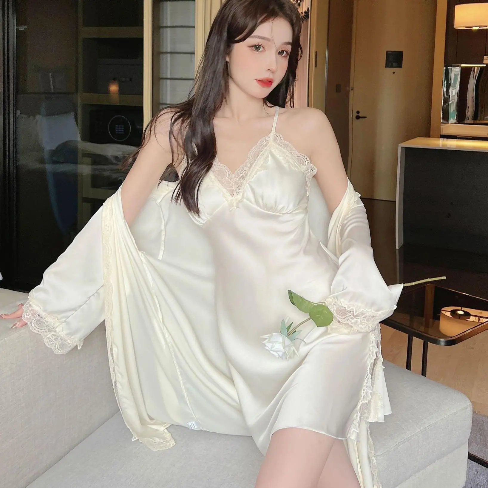 Woman Bathrobe Gown Set Sleepwear Sexy Lace Robe Kimono Nightgown Suit Spring Silky Satin Home Dress Loungewear