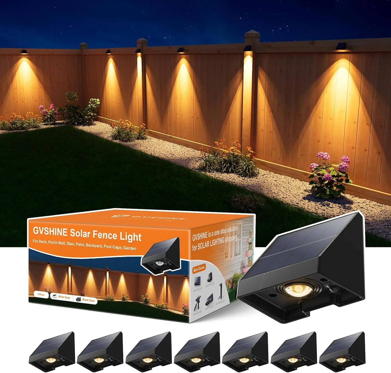 

8 шт. декоративных солнечных светильников для забора, уличные, водонепроницаемые, с теплым белым светодиодным прожектором, для наружных стен, террасы, патио