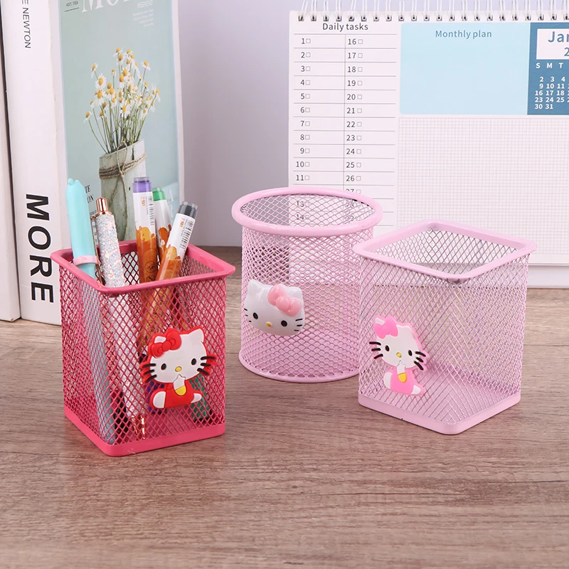 Sanrio Hello Kitty Anime Pen Holder Stationery Brushes Storage Mesh Makeup Brush Pen Case Large Capacity Desktop Pen Holder Box