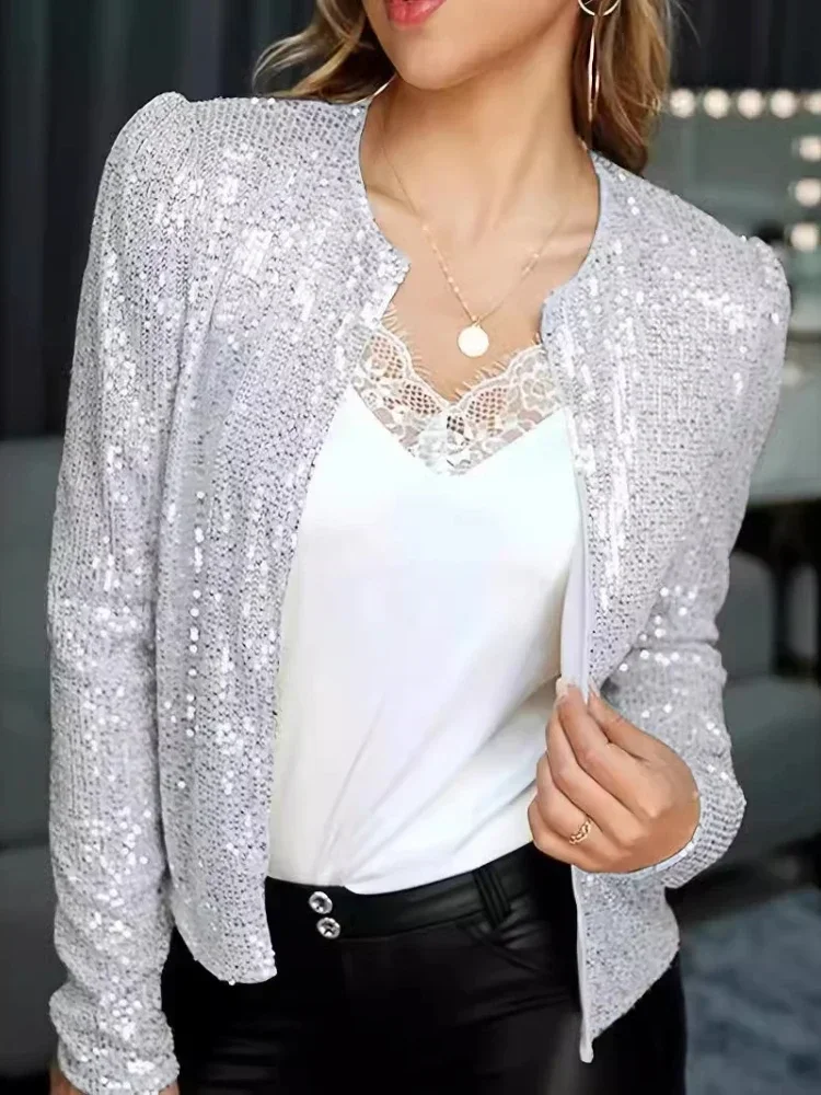 2025 Spring New European American Women Fashion Stand Up Collar Solid Color Glitter Coat Short Casual Versatile Small Coat Traf