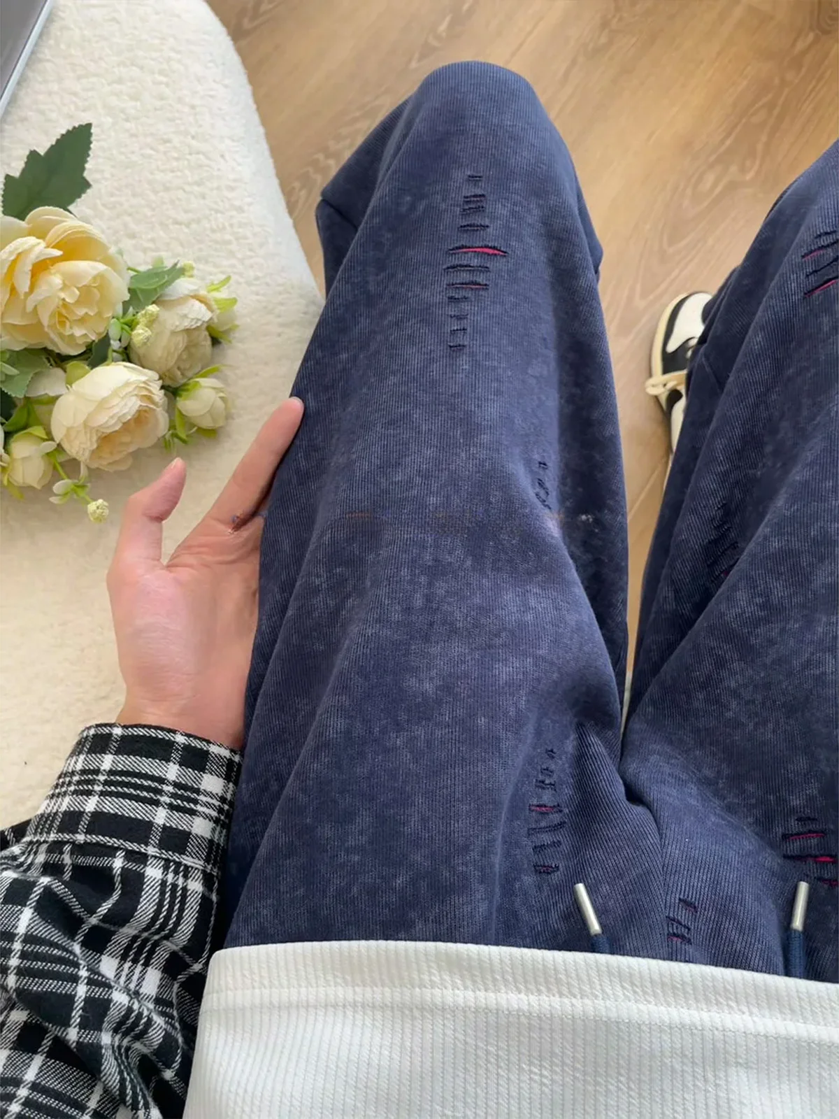 Cobalt Blue Tie Dye Slash Leggings Men's Style Autumn Heavyweight Slim Straight Loose Feeling Wide Leg Long Trousers Sport
