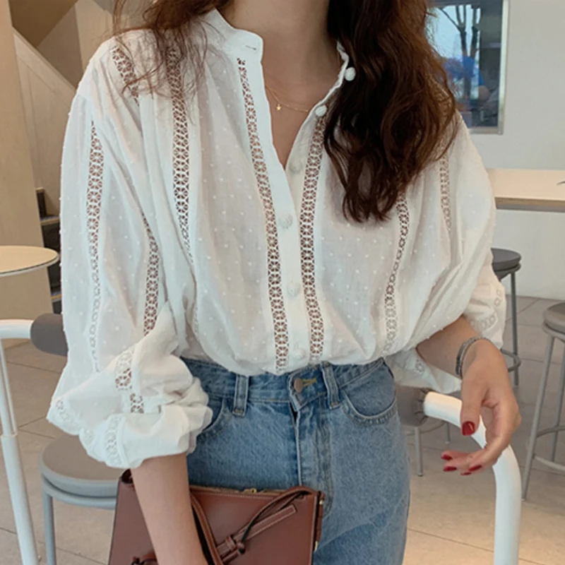 

Свободная женская круглая блузка Bubble Sve irt, винтажный кружевной топ с цветочным принтом, корейская повседневная блузка Long Sve