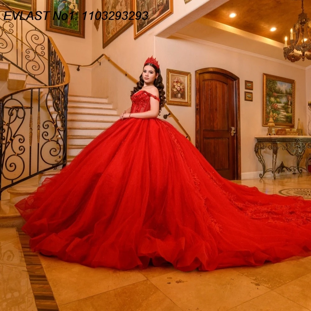 

EVLAST индивидуальное мексиканское красное бальное платье Quinceanera платье с кружевной аппликацией и кристаллами из бисера Sweet 16, Vestidos De 15 Anos E1QN221