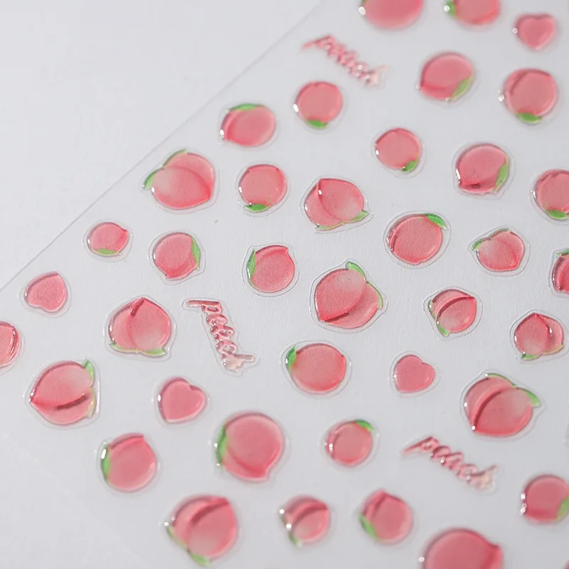 Pink Translucent Peach Jelly Texture 5D Soft Embossed Reliefs Self Adhesive Nail Art Stickers Cute Fruits 3D Manicure Decals