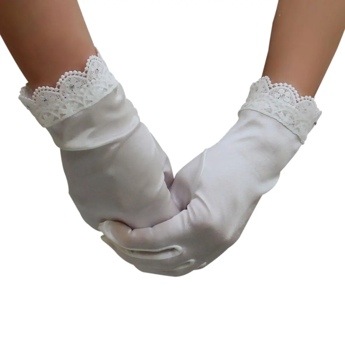 WG035 Elegante Hochzeit Braut Weiße Kurze Handschuhe Glatte Satin Hohl Heraus Spitze Rand Braut Brautjungfer Finger Handgelenk Handschuhe