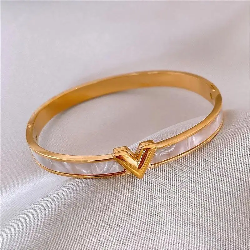 Titanium Steel Letter V Bangle Bracelet For Women Fashion Jewelry Crystal Bangle Accessories Gift