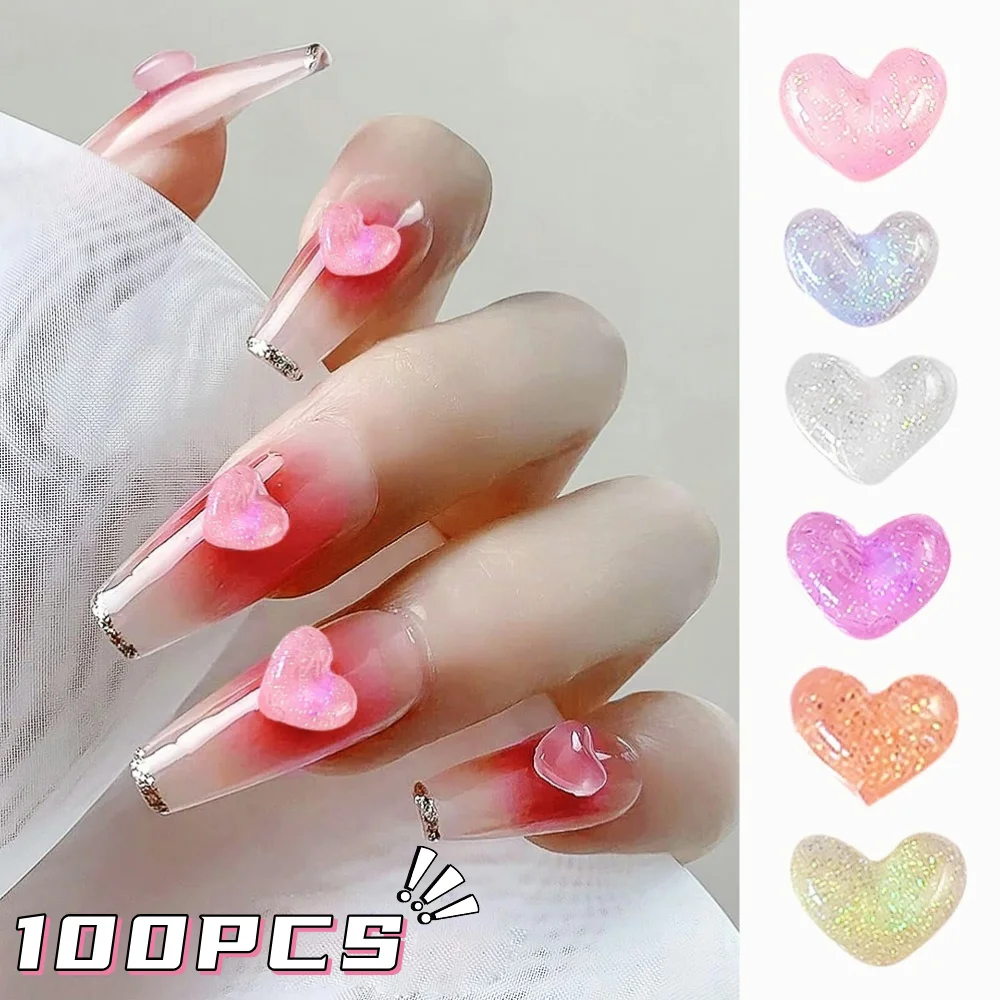 Breloques en forme de cœur en résine pour les ongles, décorations scintillantes pour nail art, artisanat, bricolage, bijoux de manucure, jour de Léon, clair Kawaii, 100 pièces