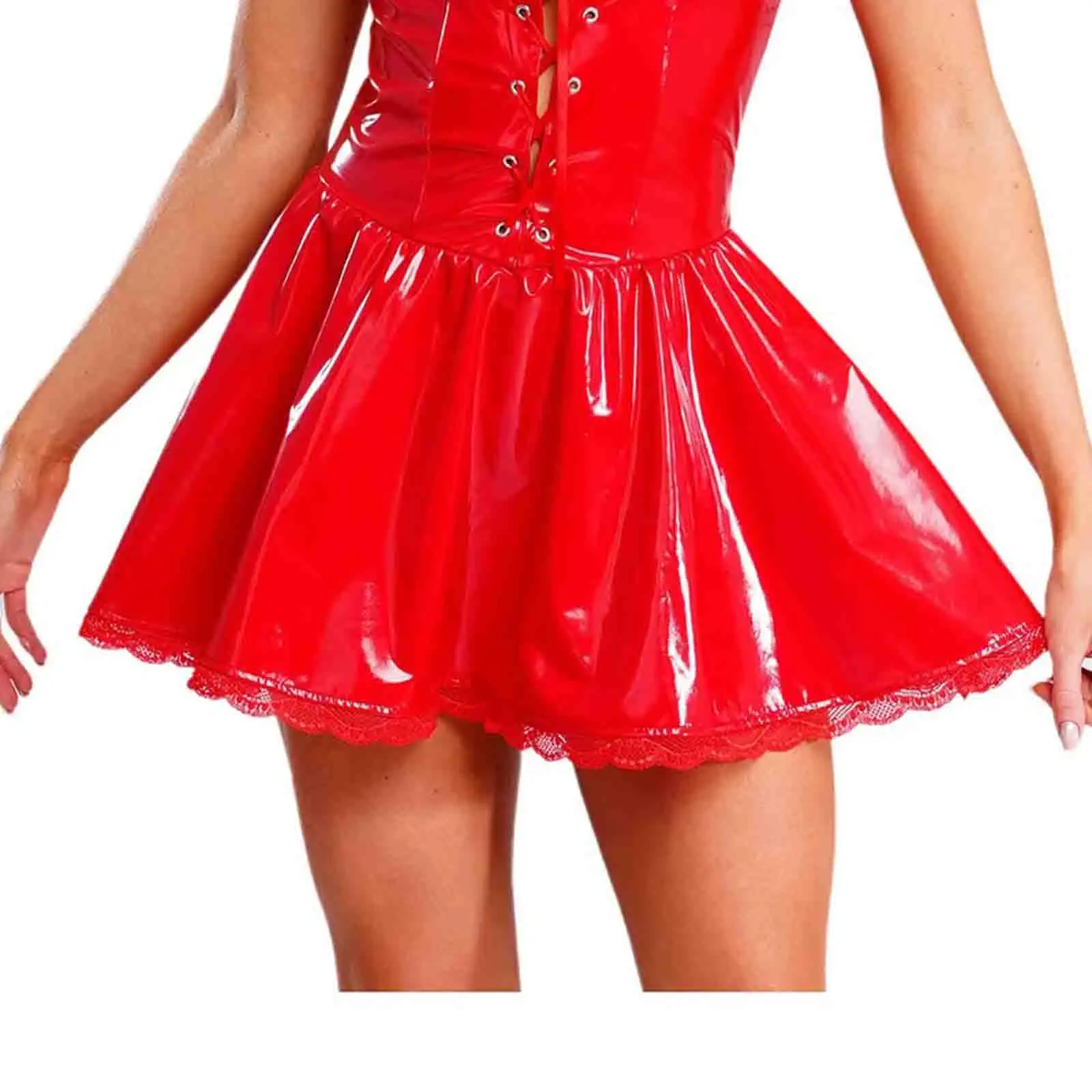

Женское платье трапециевидной формы из искусственной кожи с мокрым эффектом и шнуровкой спереди, с открытой спиной, сексуальное мини-платье с отделкой для ночного выхода, клубное платье Raves Party Dating Dress