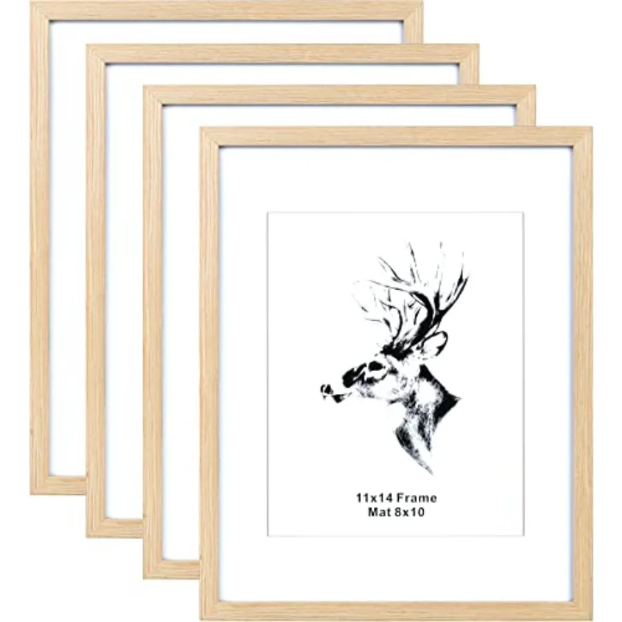 

11x14 Wood Picture Frame with Mat for 8x10 Set of 4 Natural Solid Wood 11x14 Frame with Tempered Glass for Horizontal and Verti