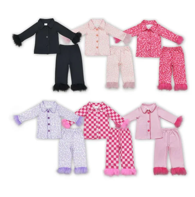 

Black Children's pajamas Christmas Sleep Wear Kids Button Top and Pants Set Toddler Fur Pajamas Clothing Sets