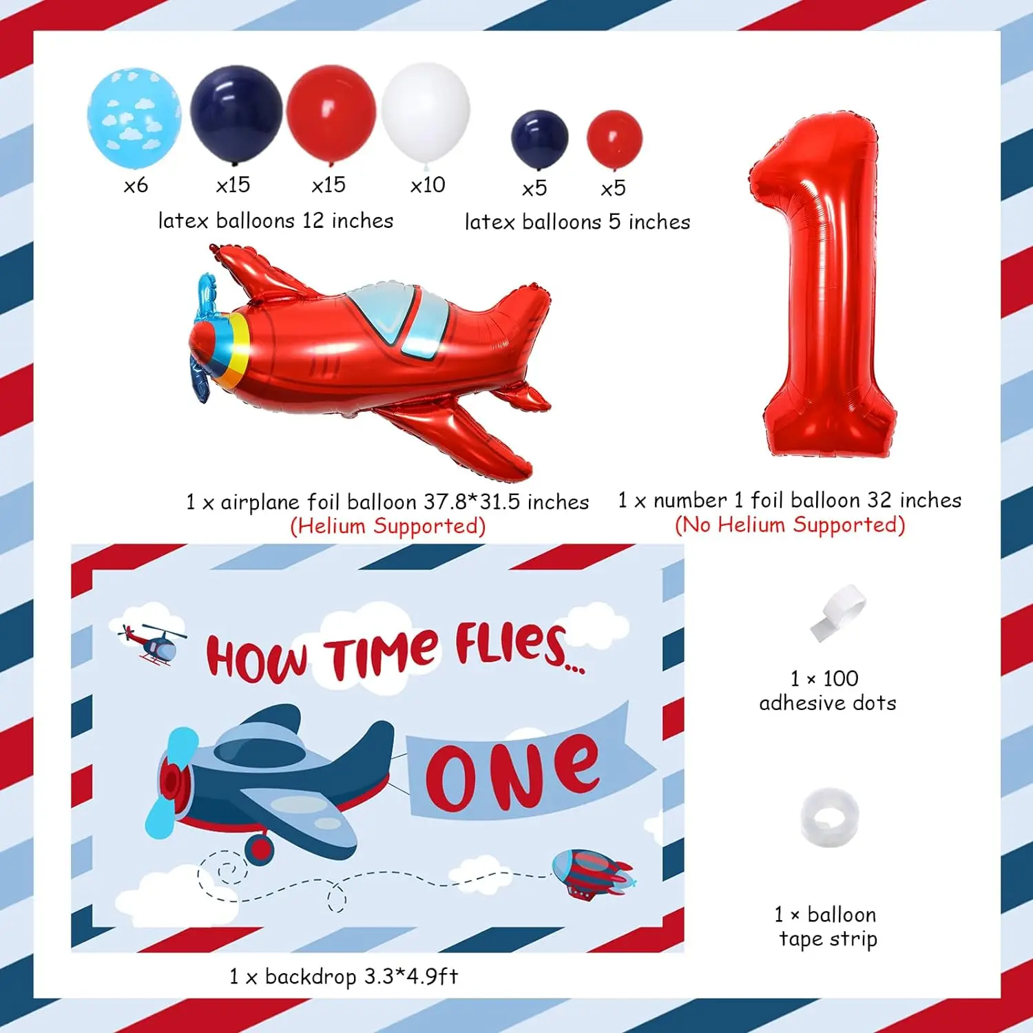 Airplane 1st Birthday Decorations for Boy Airplane Balloons Garland Red Blue How Time Flies Backdrop Aviator Number 1 Balloons