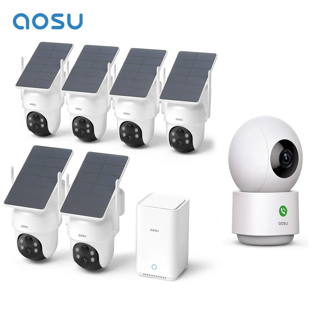 Système de caméra solaire AOSU 3K/5MP, kit de 6 caméras sans fil et moniteur bébé 3MP, caméra intérieure 5G/2.4GHz avec suivi intelligent du mouvement