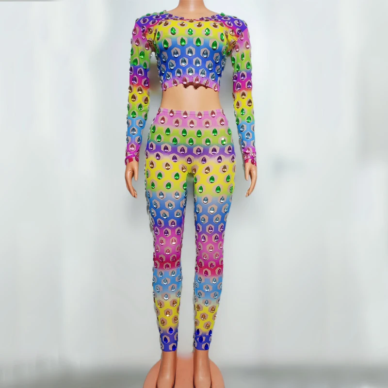 

Colorful Rhinestones Stretch Top Pants Women Jazz Clothing Bar Nightclub Dj Ds Gogo Dancer Costume Drag Queen Outfit XS7913