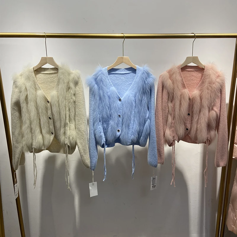 2025 겨울 여성용 숏 리얼 폭스 퍼 스웨터 리얼 퍼 스프링 슬림 니트 퍼 재킷