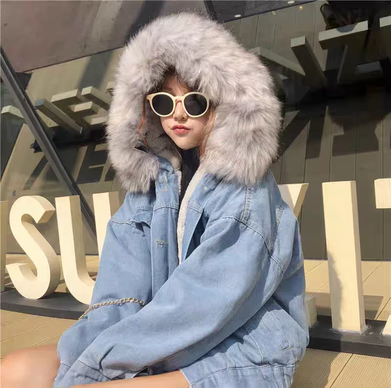 

Джинсовое пальто с длинными накладками на меху, плюшевые женские зимние бархатные пуговицы с капюшоном, утягивающая верхняя одежда, минималистичные куртки на подкладке в клетку Femme