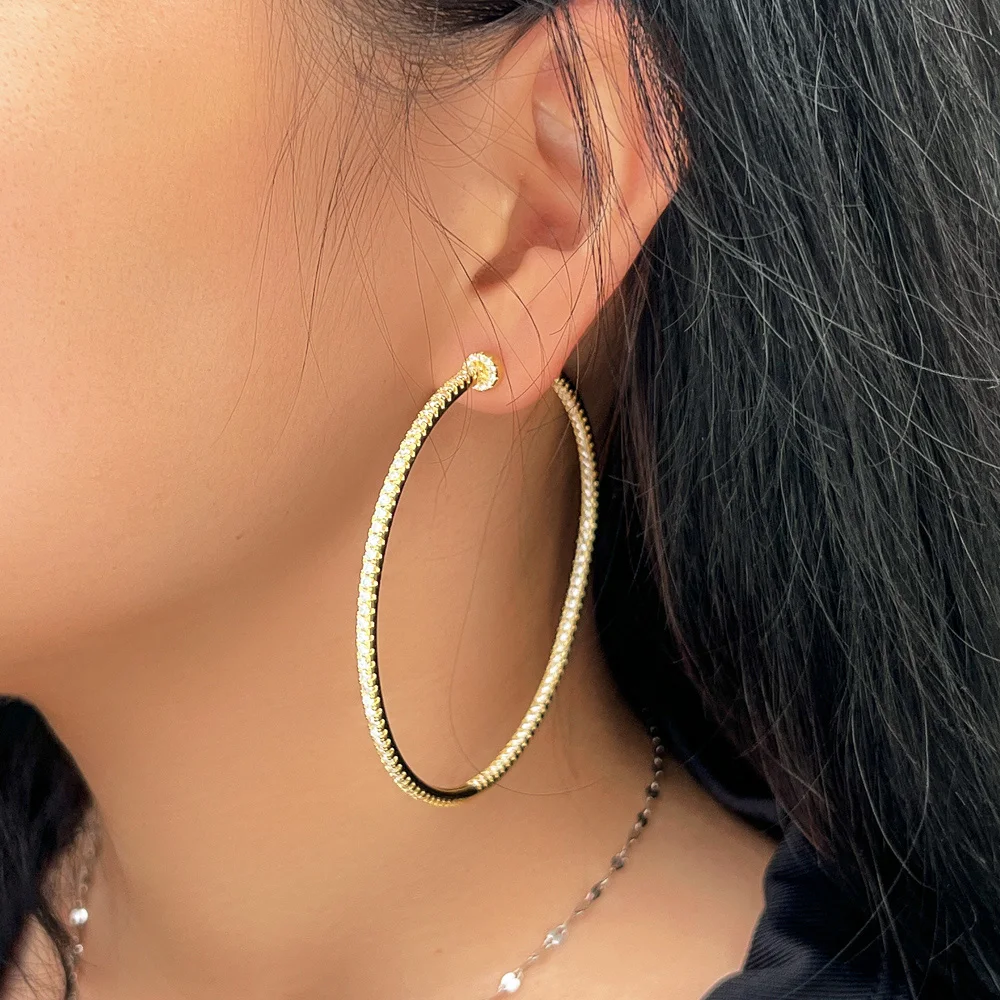 CWWZircons Übergroße Glänzende Luxuriöse Zirkon-Besetzte Riesige Statement-Rundohrringe für Damen, Vergoldeter Schmuck Großhandel E0992 – Detail 6