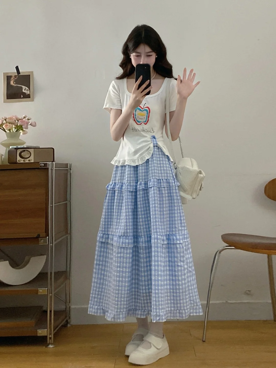 

Женский летний комплект больших размеров: модная футболка и юбка в клетку, повседневный дышащий облегающий наряд в корейском стиле с коротким рукавом