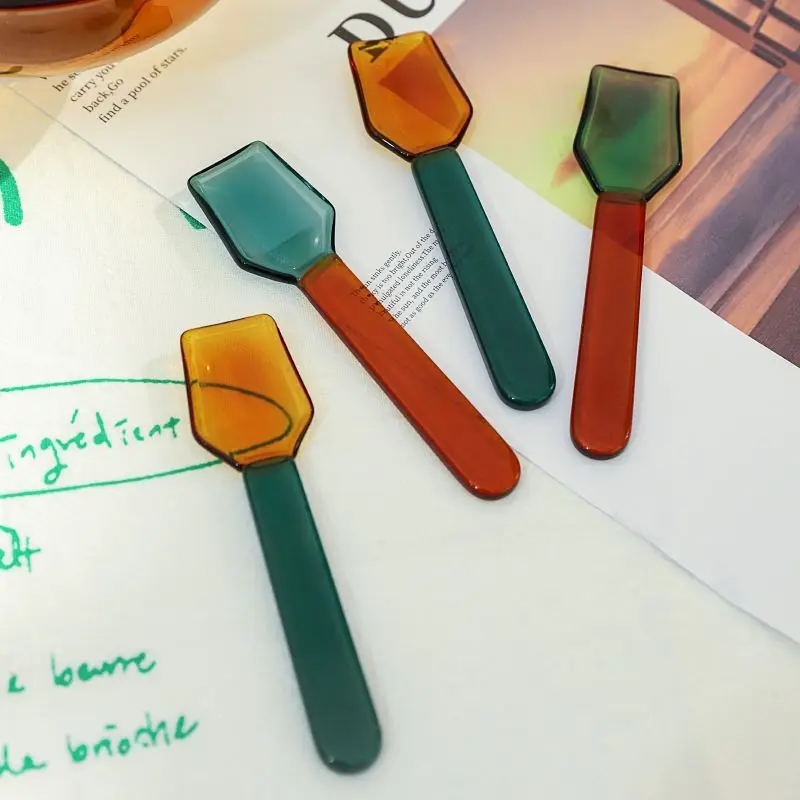 Color Glass Spoon Dessert Ice Cream Salad Handled Spoon Coffee Soup Stirring Spoon High boric acid heat and cold resistanc