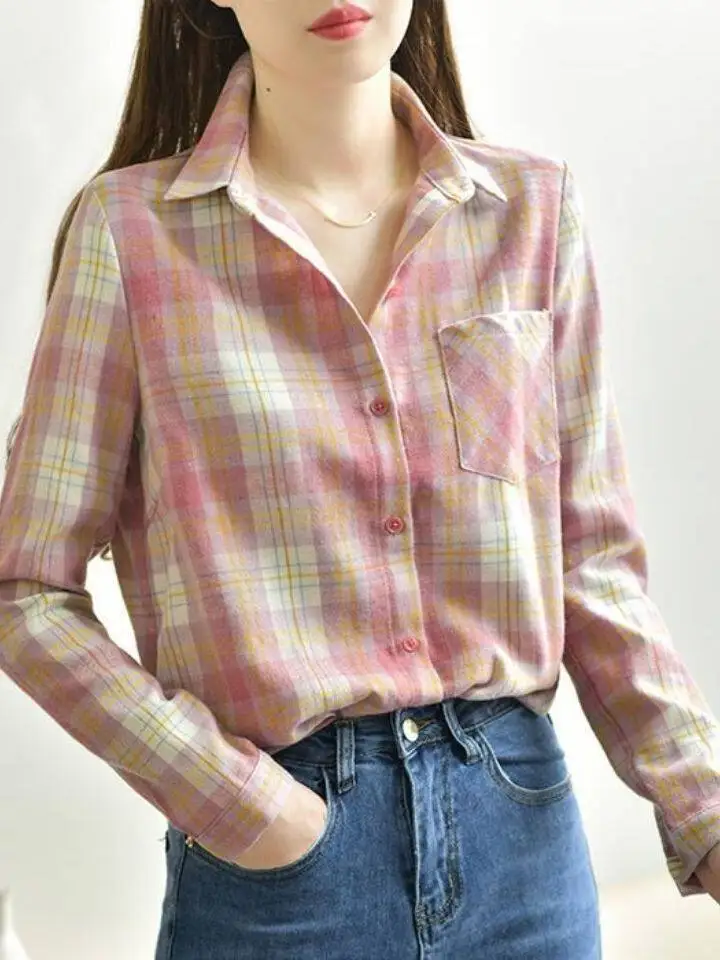 

Pink Plaid Cotton irt Women's Casual Long Sve Brued Spring Age-Defng Cheered Collar Button ket Straight Cut