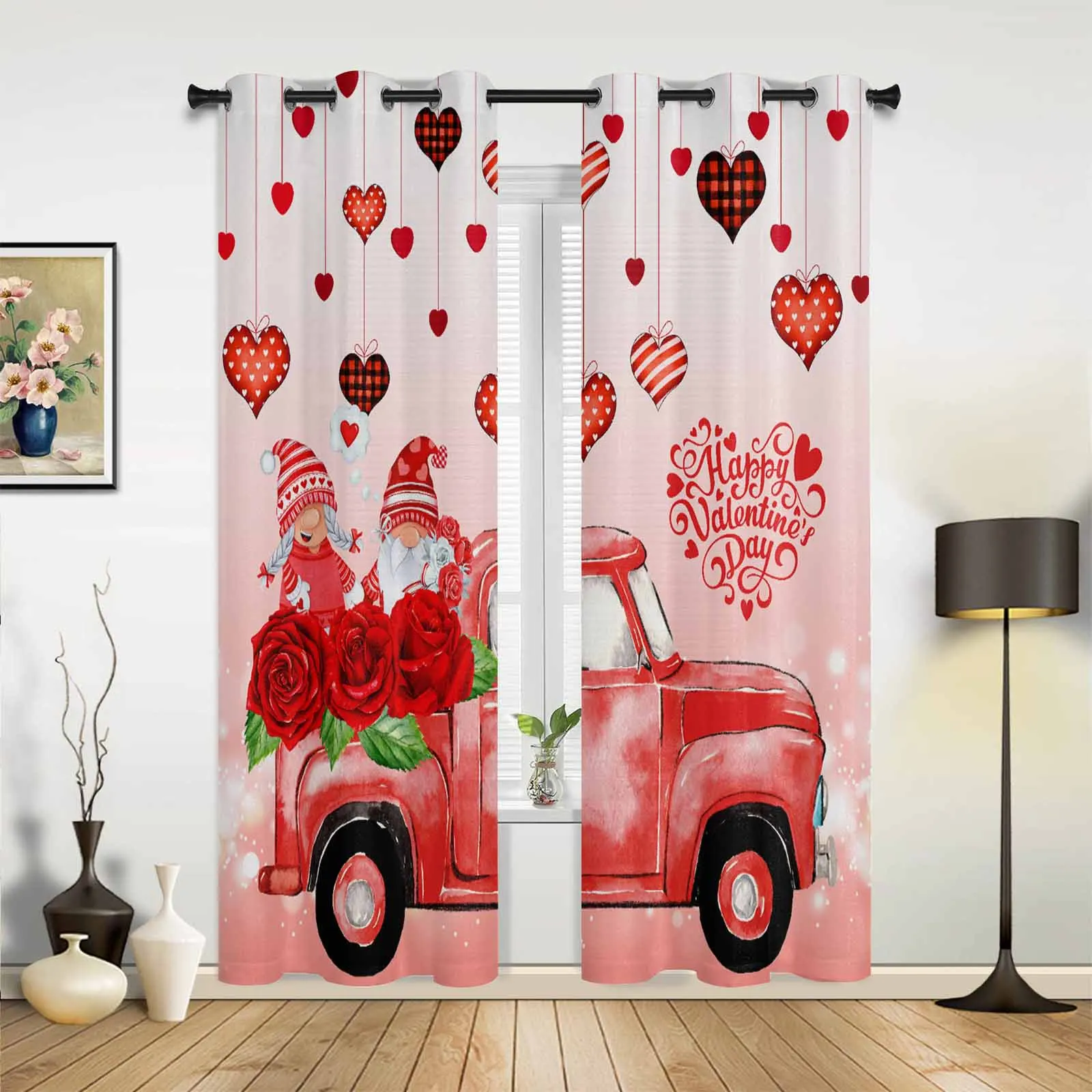 Valentine'S Day Love Red Car Rose Dwarf Grommet Curtains for Bedroom Living Room Home Decor Window Treatments Drapes