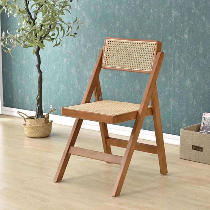 Household Solid Wood Rattan Chairs Foldable Backrest Single Person Chair Homestay Restaurant Dining Chairs Weaving Chair Stool