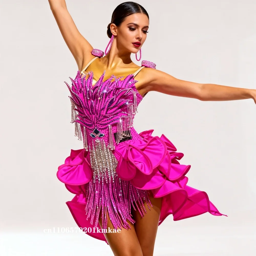 New Latin Dance AB Stone Female Adult Children High End Bead Tube Tassel Fishbone Skirt Black Pool Samba Customized Dress