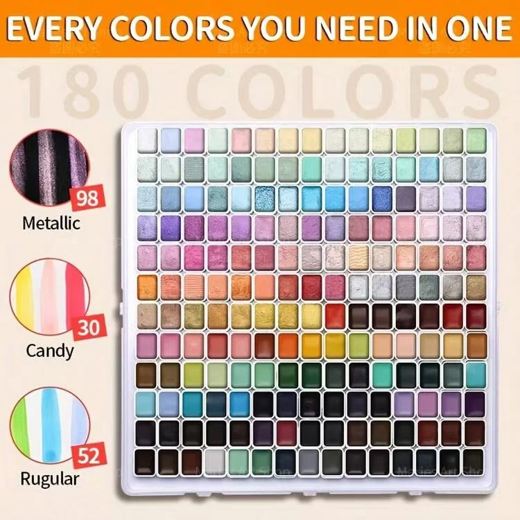 180 Colors Pearl Shimmer Watercolor Paint Set,Vibrant Pigments,Smooth Blend,Art Supplies for Artists,for Sketching,DIY Crafts