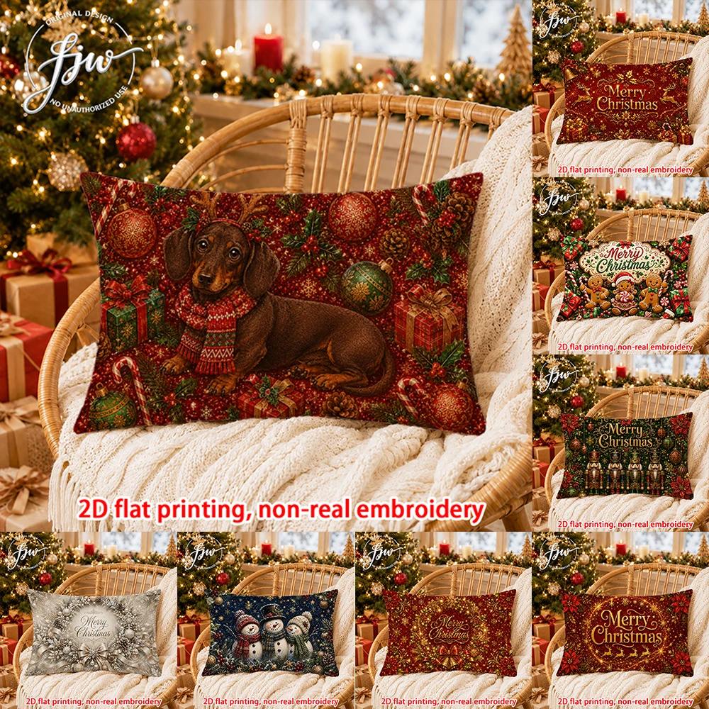 1pc Christmas Vintage Dachshund & Holiday Elements Decorative Throw Pillow Covers Winter Festive Rectangular Cushion Cases for