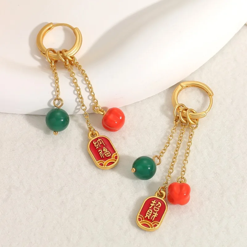 

New Chinese Style Earrings, Long Tassel Earrings, Green Coloured Glaze Persimmon, Simple, Niche Enamel, Fashion, Versatile Goth