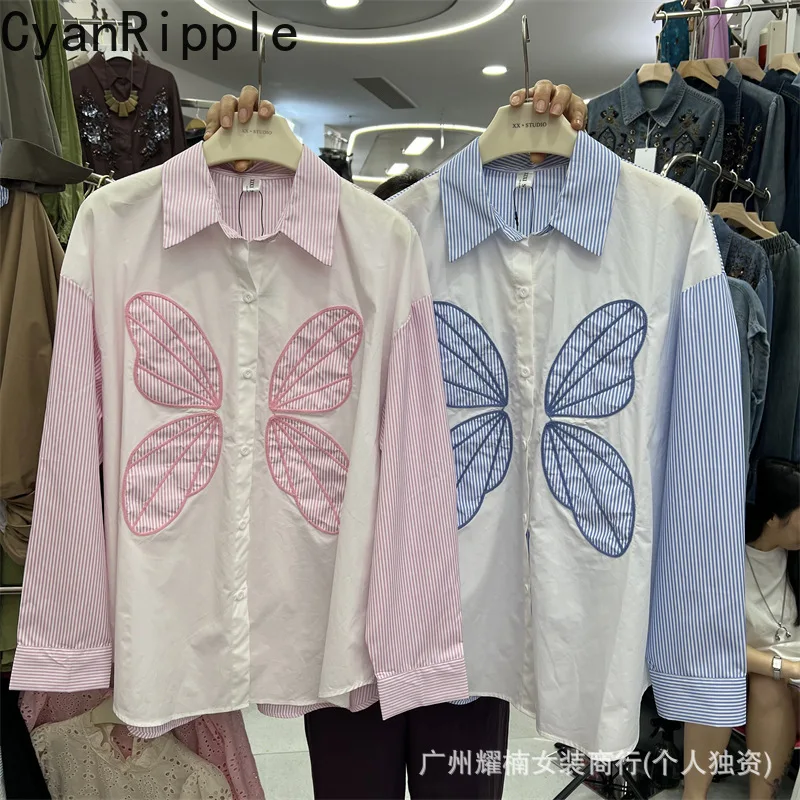 

New Spring Autumn Colorblock Long Sleeve Stripes Shirts Single-breasted Loose Cardigans Top Embroidery Butterfly Casual Blouses