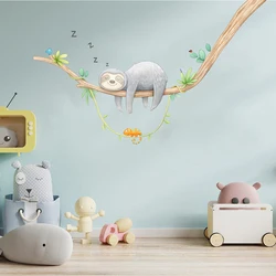 Jungle Sleepy Sloth Fabric Tree Wall Sticker Nursery Bedroom Watercolour Animal Branch Wall Decal Playroom Home Decor