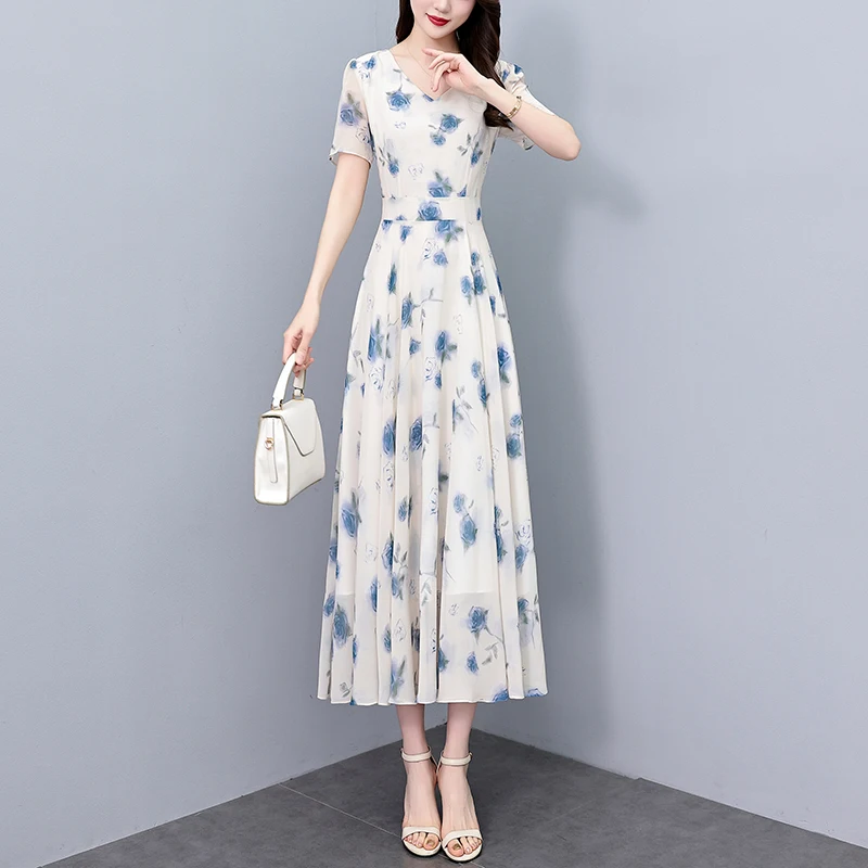 

Женское длинное шифоновое платье, элегантное белое плиссированное платье-трапеция с высокой талией, V-образным вырезом и коротким рукавом, с цветочным принтом, большие размеры, на лето