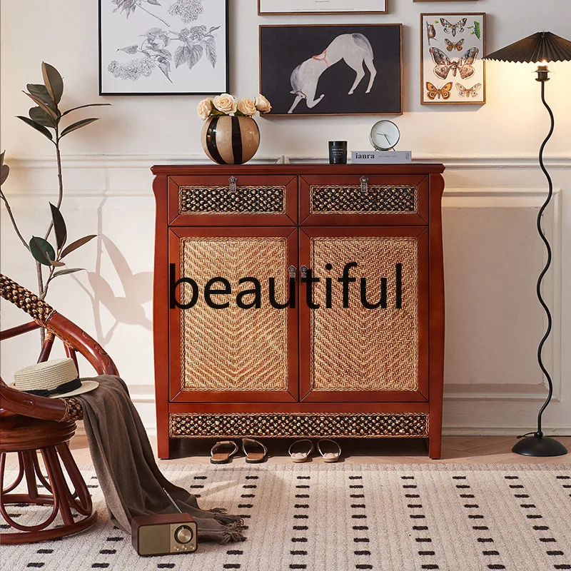 

Classical Chinese rattan shoe cabinet Solid wood living room Home European double drawer storage Beech shoe cabinet