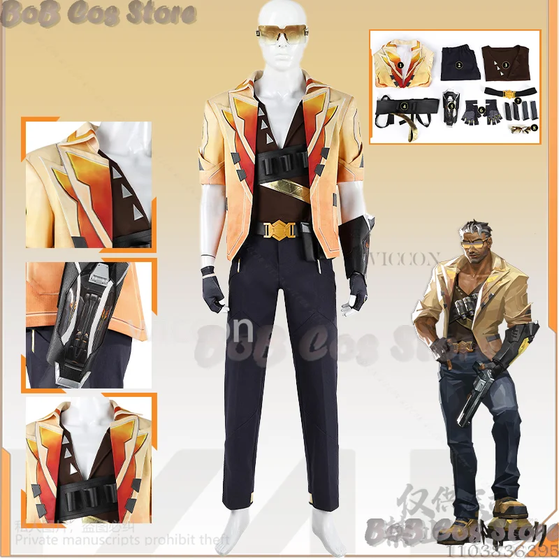 Tejo Cosplay Game VALORANT Anime Clothes Sexy Orange Deep V Shirt Pant Summer Sunglasses Cool Daddy Tejo Suit Man Cos Customized