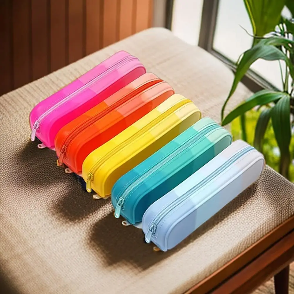 Gradient Color Pencil Bag Zipper Closure Silicone Pencil Case Lightweight Portable Pencil Organizer for Women Stationery Pouch