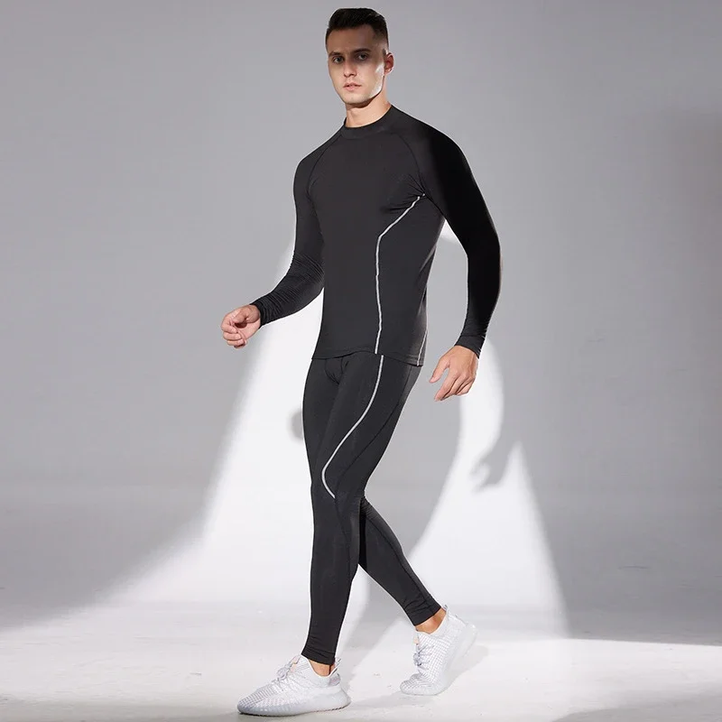 Traje deportivo ajustado de lana para hombre, conjunto de ropa interior térmica de manga larga para correr y gimnasio, ropa deportiva de compresión de terciopelo para trotar