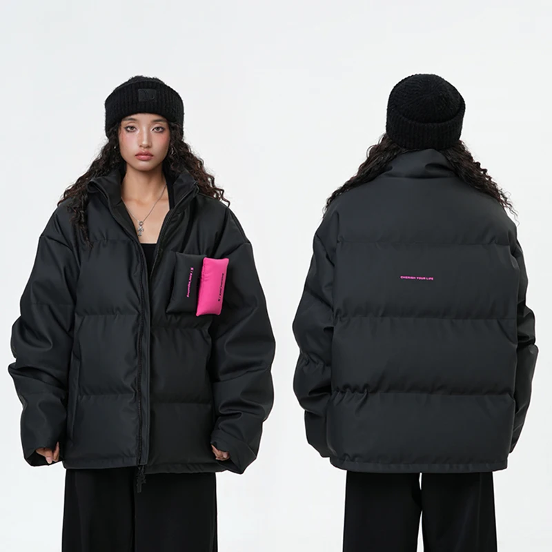 Jaqueta puffer vintage feminina, design de zíper de gola alta, casaco acolchoado de algodão, outono e inverno, 2022