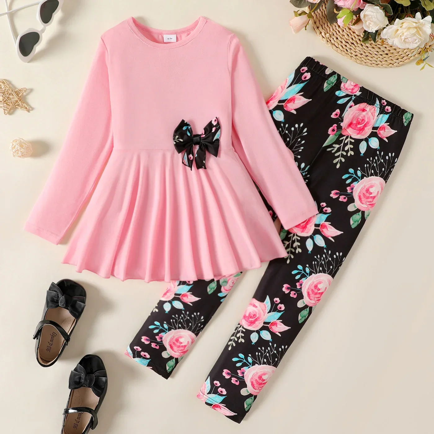 PatPat 2pcs Kid Girl Bowknot Design Long-sleeve Tee and Floral Print Leggings Set Perfect for Outings and Daily Wear