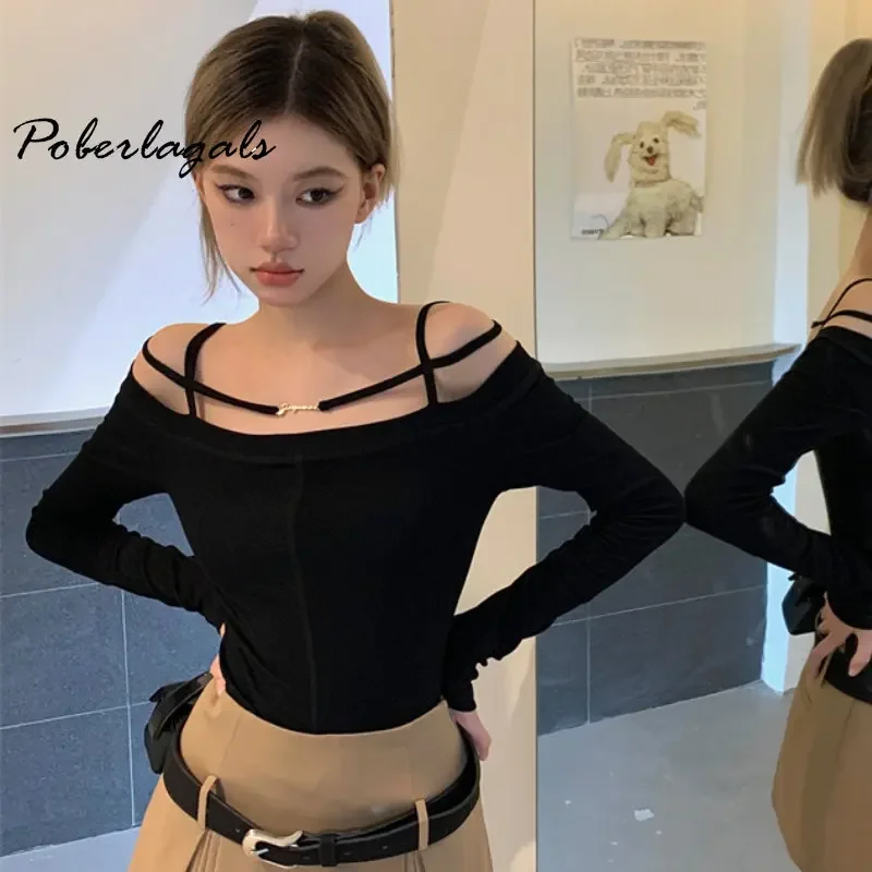 Korean Style Off Shoulder Tight-fitting Long-sleeved Hotsweet T Shirt Women Autumn 2024 Slim Tee Shirt Crop Tops