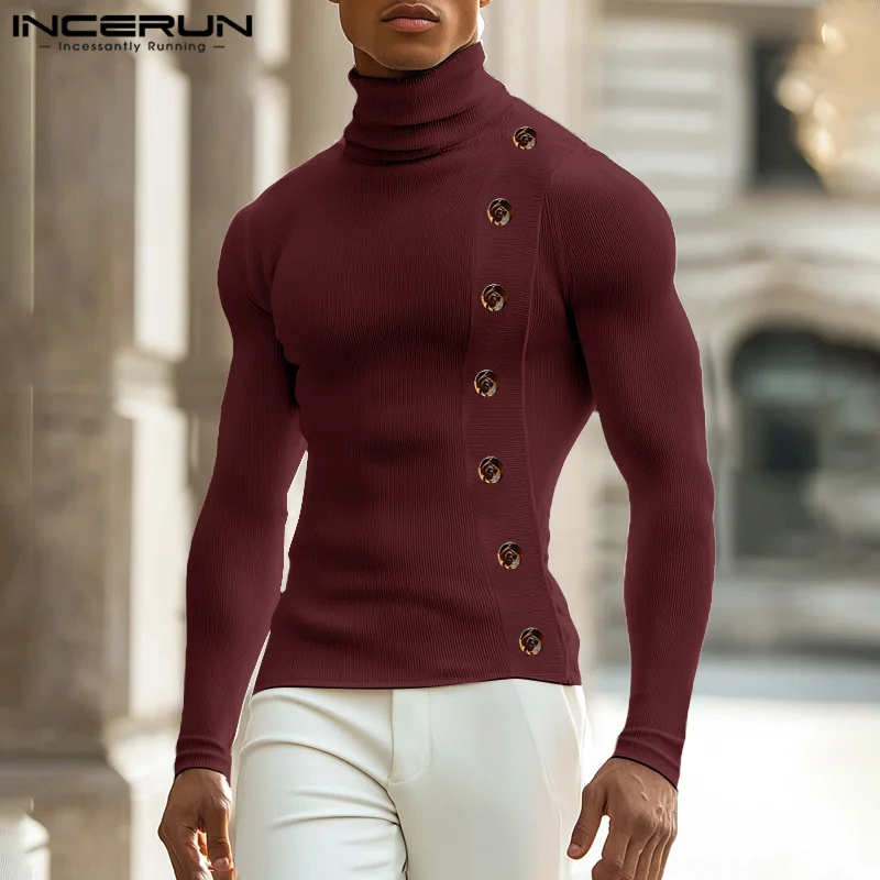 INCERUN New Men's Clothing Solid Button Texture T-shirt Stylish Male City Walk All-match Simple Long Sleeved Camiseta S-5XL 2024