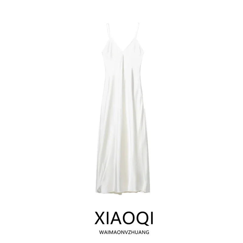 Summer 2025 New Arrival Women's Design Sense Silk Satin Texture Midi Long Dr Ele Sle Svel Neline