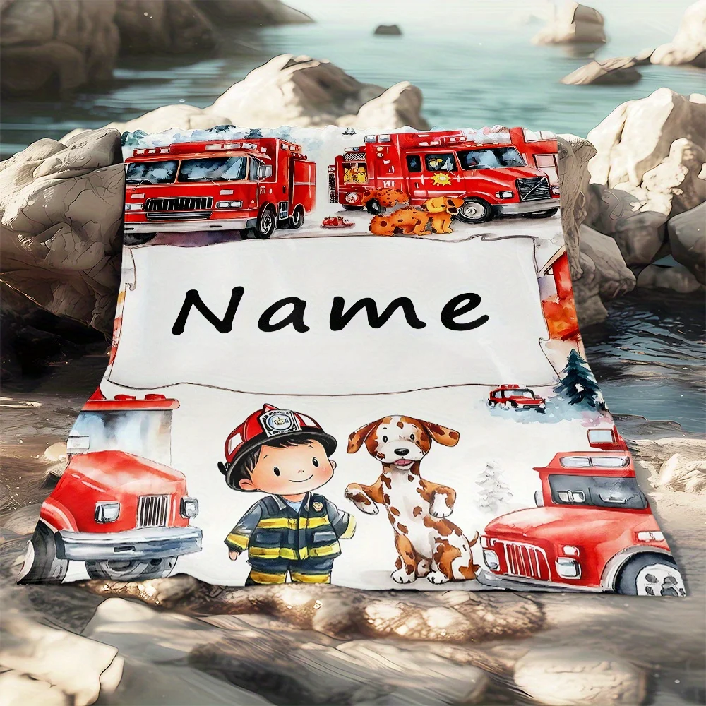 Customize Custom Fire Truck Throw Blanket - Cozy Flannel, Personalized Name, Bright Cartoon Style Featuring Firefighters And Dog