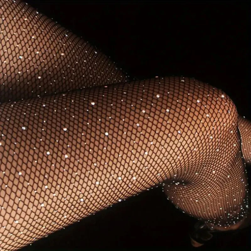 1-teilige L-Größe für Damen, Schwarz, neue Strass-Fischnetz-Erotikstrumpfhose, Valentinstag, exklusiv, eng anliegend, schlankmachend, funkelnder Diamant