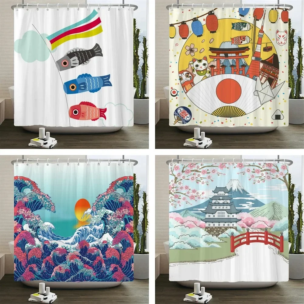 

Carp Banner Lucky Cat Printed Bath Curtains Bathroom for Bathing Cover Shower Curtains with 12 Pcs Hooks