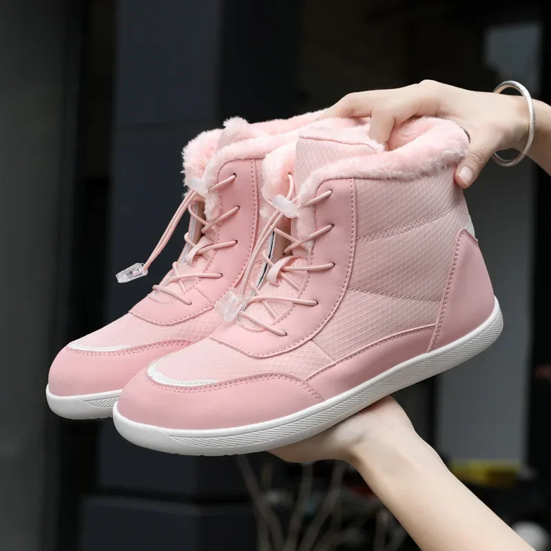 Botas de nieve de invierno para mujer, botas descalzas con forro de piel, botines con punta ancha, botas para caminar al aire libre con zapatos de algodón de felpa